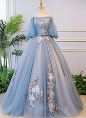 Blue Tulle Off Shoulder with Lace Floral Long Party Dresses, Cute Party Dresses Evening Prom Dresses