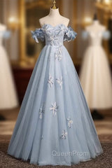 Blue Tulle Off the Shoulder Flower Pearls Evening Prom Dresses