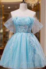 Blue Tulle Off the Shoulder Pleats Homecoming Dresses