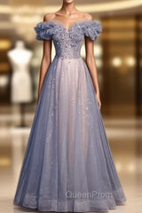 Blue Tulle Off the Shoulder Sequins Beading Evening Prom Dresses