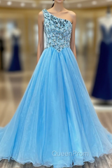Blue Tulle One Shoulder Sequins Crystal Evening Prom Dresses