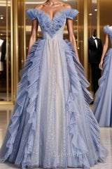 Blue Tulle Pleats Beading Evening Prom Dresses