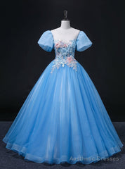 Blue Tulle Puff Sleeve Appliques Quinceanera Dress