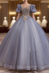 Blue Tulle Puff Sleeve Beading Pearls Quinceanera Dresses