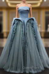 Blue Tulle Satin Strapless Evening Prom Dresses
