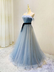 Blue Tulle Sequin Long Evening Prom Dresses A Line Tulle Blue Evening Dresses