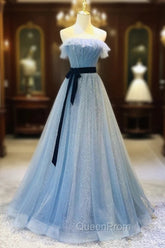 Blue Tulle Sequin Long Evening Prom Dresses A Line Tulle Blue Evening Dresses