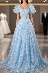Blue Tulle Sequins Butterfly Short Sleeve Evening Prom Dresses