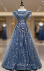 Blue Tulle Sequins Cap Sleeve Scoop Evening Prom Dresses