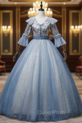 Blue Tulle Sequins Embroidery Short Sleeve Quinceanera Dresses
