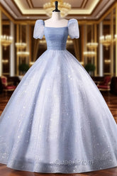 Blue Tulle Sequins Floor Length Evening Prom Dresses, Elegant Short Sleeve Evening Party Dresses