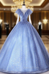 Blue Tulle Sequins Illusion V-neck Quinceanera Dresses