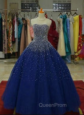 Blue Tulle Sequins Long Ball Gown Evening Dresses, Sparkle Blue Quinceanera Dresses