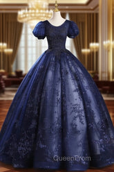 Blue Tulle Sequins Long Evening Dresses, A-Line Short Sleeve Evening Party Dresses