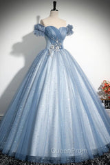 Blue Tulle Sequins Long Evening Prom Dresses, Beautiful A-Line Evening Party Dresses