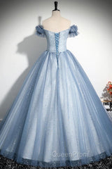Blue Tulle Sequins Long Evening Prom Dresses, Beautiful A-Line Evening Party Dresses