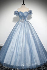 Blue Tulle Sequins Long Evening Prom Dresses, Beautiful A-Line Evening Party Dresses