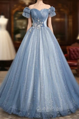 Blue Tulle Sequins Long Evening Prom Dresses, Beautiful A-Line Evening Party Dresses
