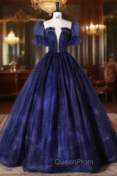 Blue Tulle Sequins Long Evening Prom Dresses Blue Evening Gown