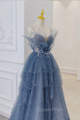 Blue Tulle Sequins Long Evening Prom Gown, Blue Spaghetti Straps Evening Dresses