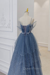 Blue Tulle Sequins Long Evening Prom Gown, Blue Spaghetti Straps Evening Dresses