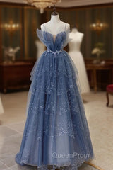 Blue Tulle Sequins Long Evening Prom Gown, Blue Spaghetti Straps Evening Dresses