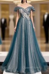 Blue Tulle Sequins Off the Shoulder Appliques Evening Prom Dresses
