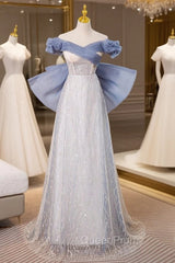 Blue Tulle Sequins Off the Shoulder Bow Evening Prom Dresses