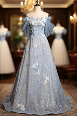 Blue Tulle Sequins Off the Shoulder Lace Flower Evening Prom Dresses