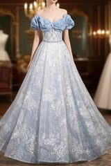 Blue Tulle Sequins Off the Shoulder Pearls Evening Prom Dresses
