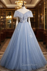 Blue Tulle Sequins Off the Shoulder Pearls Evening Prom Dresses