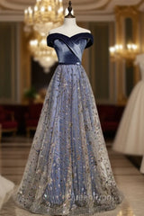 Blue Tulle Sequins Off the Shoulder Evening Prom Dresses