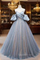 Blue Tulle Sequins Pearls Strapless Evening Prom Dresses