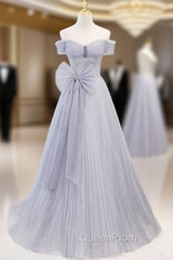 Blue Tulle Sequins Pleats Bow Evening Prom Dresses