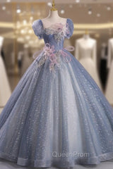 Blue Tulle Sequins Puff Sleeve Backless Beading Quinceanera Dresses