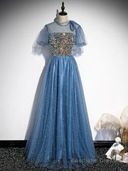 Blue Tulle Sequins Short Sleeve Open Back Prom Dress