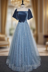 Blue Tulle Sequins Short Sleeve Velvet Evening Prom Dresses