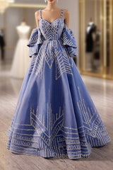 Blue Tulle Sequins Spagehtti Straps Evening Prom Dresses