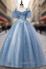 Blue Tulle Sequins Spaghetti Straps Appliques Quinceanera Dresses