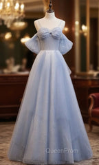 Blue Tulle Sequins Spaghetti Straps Beading Evening Prom Dresses