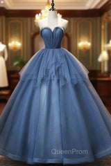 Blue Tulle Sequins Strapless Beading Quinceanera Dresses
