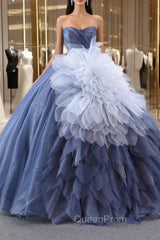 Blue Tulle Sequins Strapless Evening Prom Dresses With Detachable Puff Tulle
