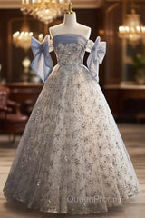 Blue Tulle Sequins Strapless Evening Prom Dresses