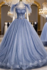 Blue Tulle Sequins Straps Pleats Evening Prom Dresses