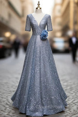 Blue Tulle Sequins V-neck Short Sleeve Beading Evening Prom Dresses