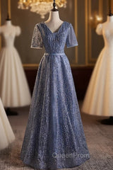 Blue Tulle Sequins V-neck Short Sleeve Evening Prom Dresses