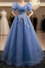 Blue Tulle Short Sleeve Sequins Evening Prom Dresses