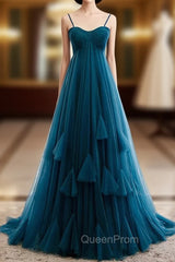 Blue Tulle Spagehtti Straps High Waist Pleats Evening Prom Dresses
