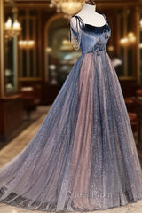Blue Tulle Spaghetti Strap Long Evening Prom Dresses, A-Line Lace-Up Evening Dresses