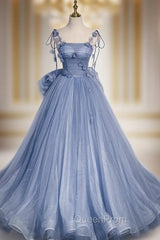Blue Tulle Spaghetti Straps Flower Bow Evening Prom Dresses